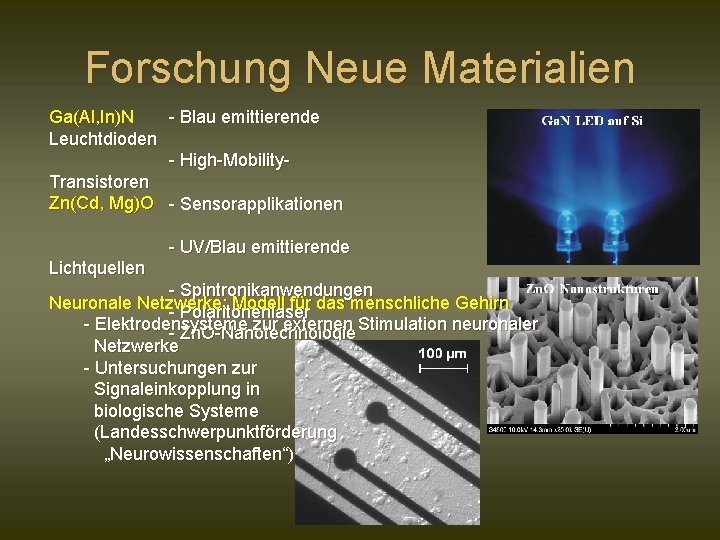 Forschung Neue Materialien - Blau emittierende Ga(Al, In)N Leuchtdioden - High-Mobility. Transistoren Zn(Cd, Mg)O