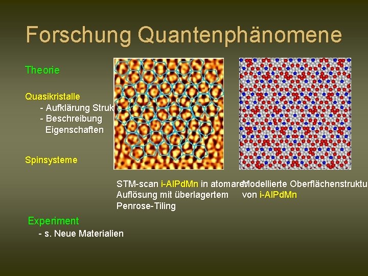 Forschung Quantenphänomene Theorie Quasikristalle - Aufklärung Struktur - Beschreibung Eigenschaften Spinsysteme STM-scan i-Al. Pd.