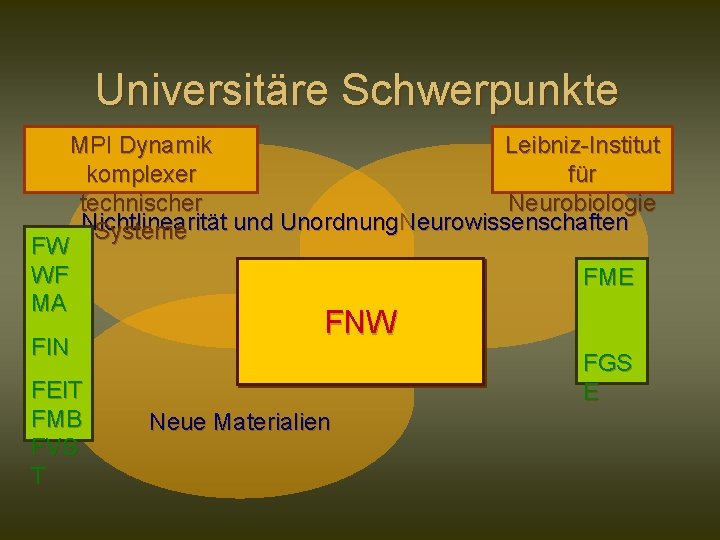 Universitäre Schwerpunkte FW WF MA MPI Dynamik Leibniz-Institut komplexer für technischer Neurobiologie Nichtlinearität und