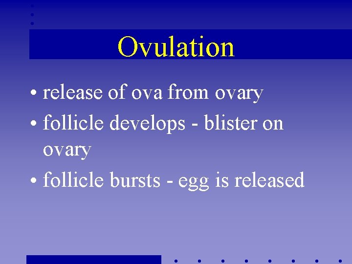 Ovulation • release of ova from ovary • follicle develops - blister on ovary