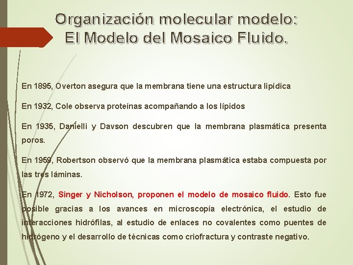 Organización molecular modelo: El Modelo del Mosaico Fluido. En 1895, Overton asegura que la