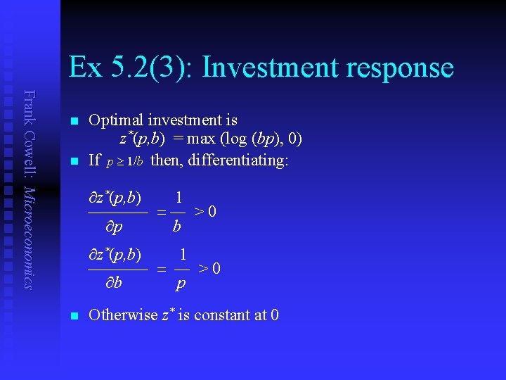Ex 5. 2(3): Investment response Frank Cowell: Microeconomics n n Optimal investment is z*(p,