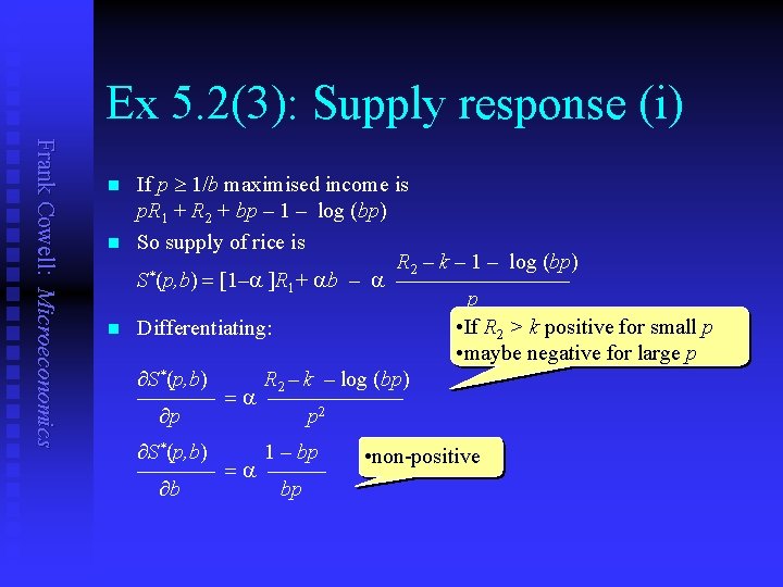 Ex 5. 2(3): Supply response (i) Frank Cowell: Microeconomics n n n If p