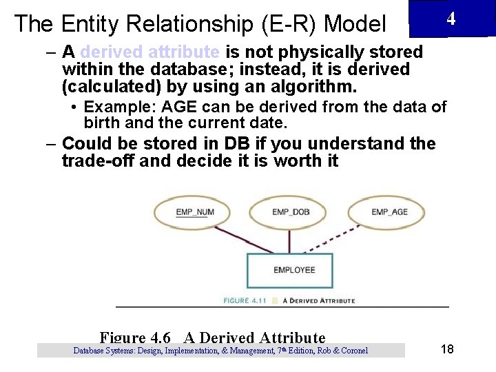 The Entity Relationship (E-R) Model 4 – A derived attribute is not physically stored The Entity Relationship (E-R) Model 4 – A derived attribute is not physically stored