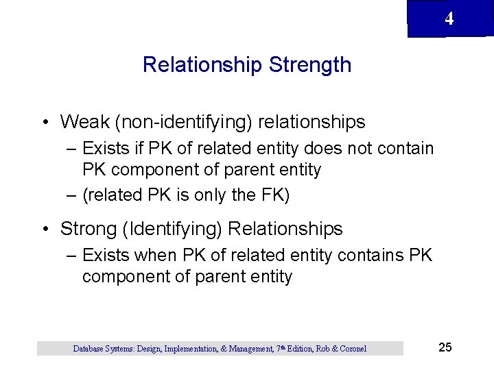 4 Relationship Strength • Weak (non-identifying) relationships – Exists if PK of related entity 4 Relationship Strength • Weak (non-identifying) relationships – Exists if PK of related entity