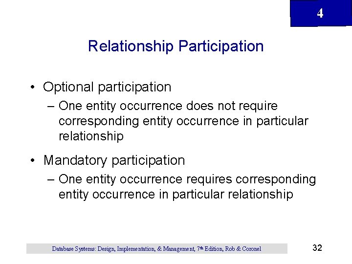 4 Relationship Participation • Optional participation – One entity occurrence does not require corresponding 4 Relationship Participation • Optional participation – One entity occurrence does not require corresponding