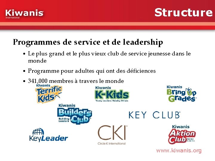 Structure Programmes de service et de leadership • Le plus grand et le plus