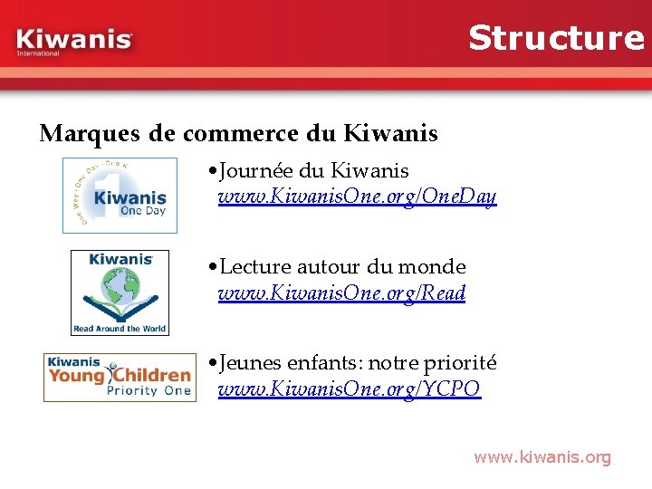 Structure Marques de commerce du Kiwanis • Journée du Kiwanis www. Kiwanis. One. org/One.