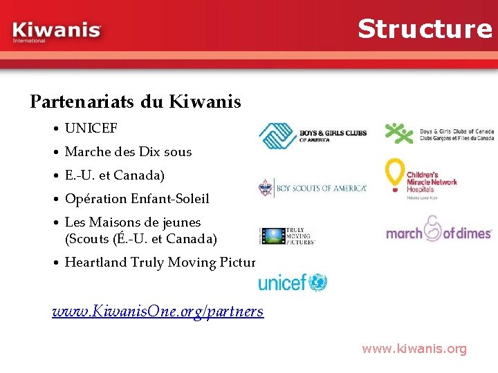 Structure Partenariats du Kiwanis • UNICEF • Marche des Dix sous • E. -U.