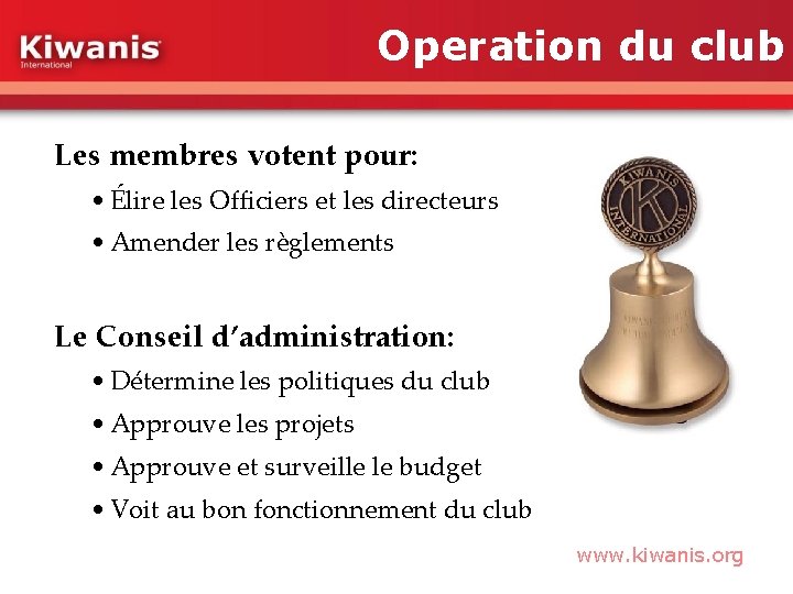 Operation du club Les membres votent pour: • Élire les Officiers et les directeurs