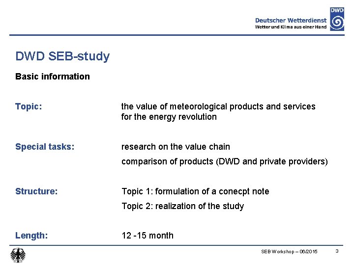DWD SEB-study Basic information Topic: the value of meteorological products and services for the