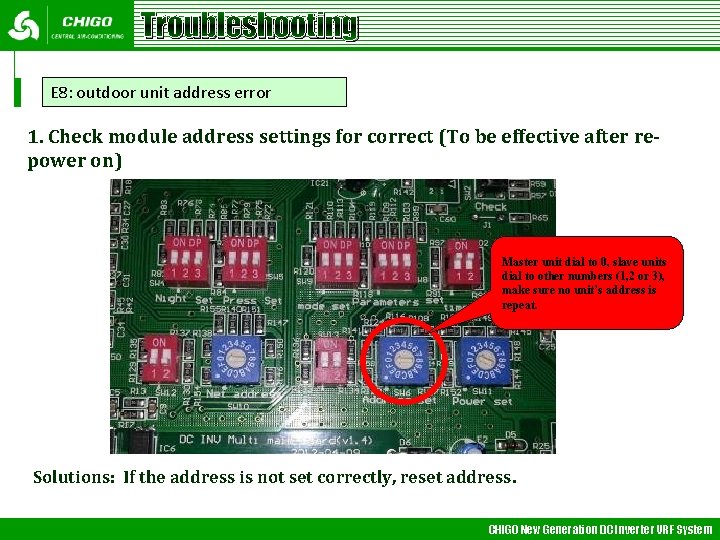 Troubleshooting E 8: outdoor unit address error 1. Check module address settings for correct
