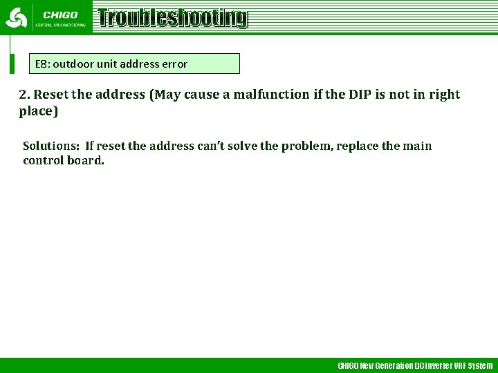 Troubleshooting E 8: outdoor unit address error 2. Reset the address (May cause a