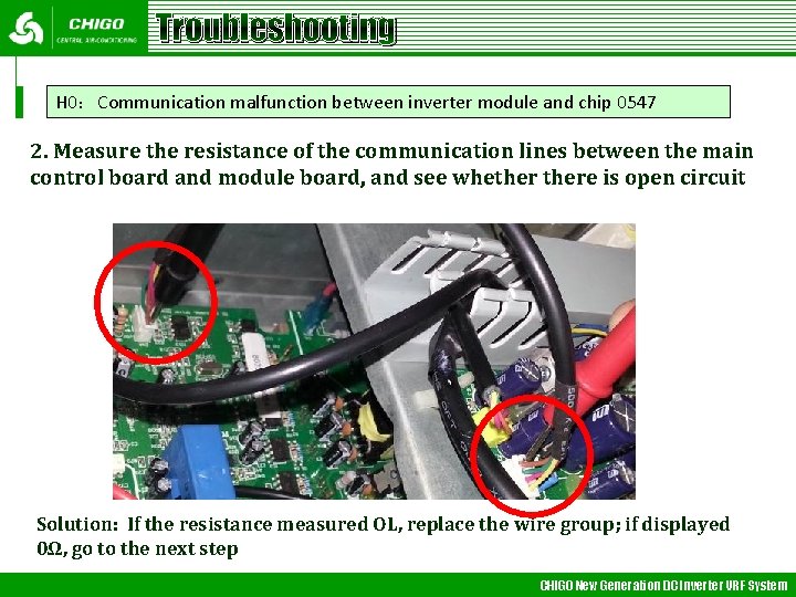 Troubleshooting H 0：Communication malfunction between inverter module and chip 0547 2. Measure the resistance