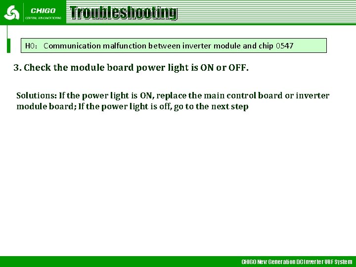 Troubleshooting H 0：Communication malfunction between inverter module and chip 0547 3. Check the module