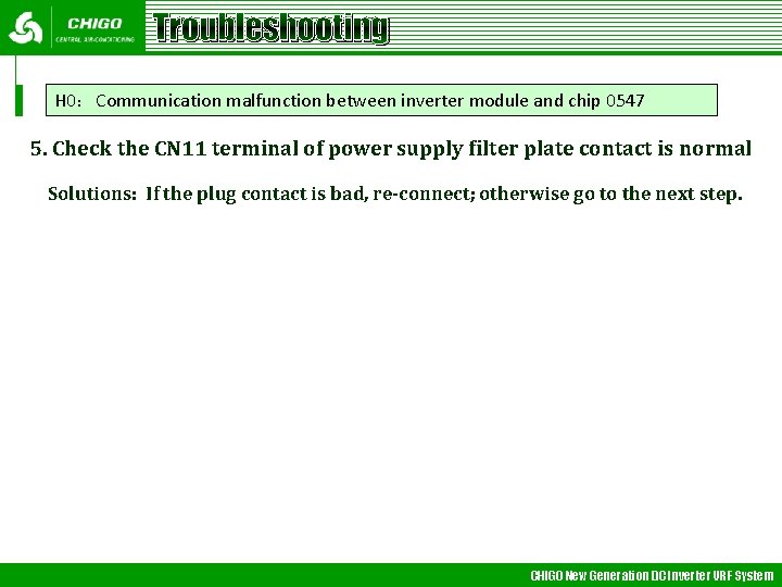 Troubleshooting H 0：Communication malfunction between inverter module and chip 0547 5. Check the CN