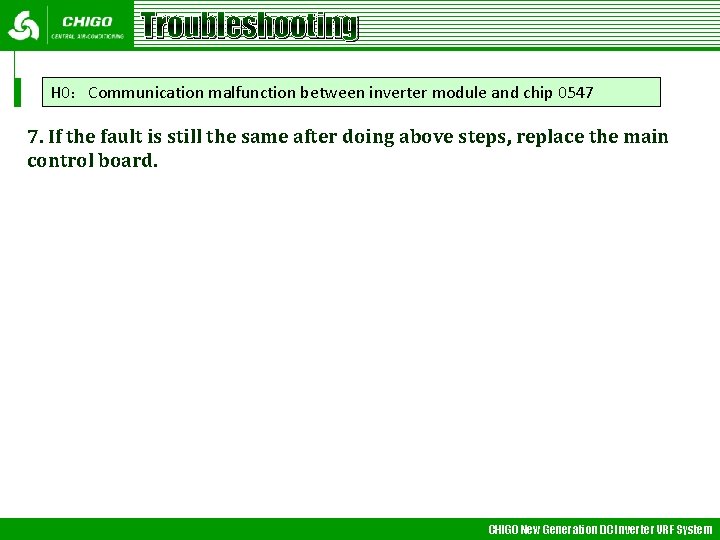 Troubleshooting H 0：Communication malfunction between inverter module and chip 0547 7. If the fault