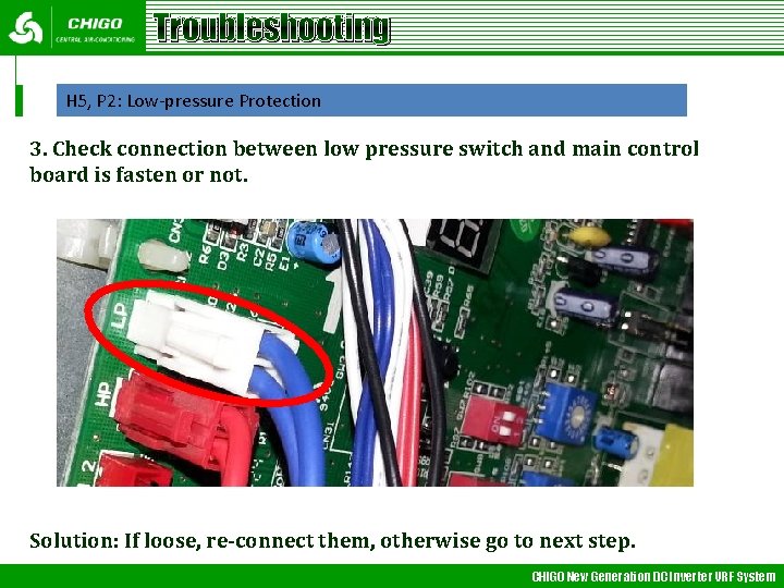 Troubleshooting H 5, P 2: Low-pressure Protection 3. Check connection between low pressure switch