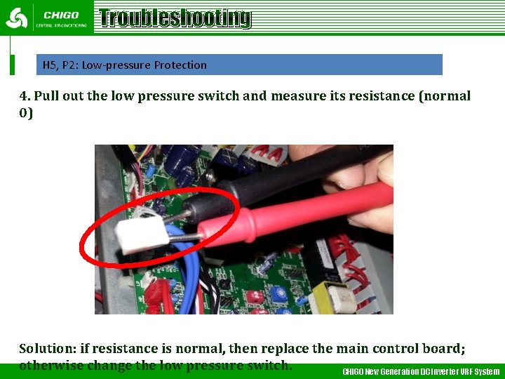 Troubleshooting H 5, P 2: Low-pressure Protection 4. Pull out the low pressure switch