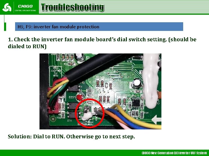 Troubleshooting H 9, P 9: inverter fan module protection 1. Check the inverter fan