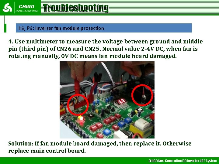 Troubleshooting H 9, P 9: inverter fan module protection 4. Use multimeter to measure