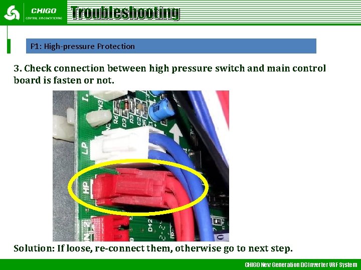 Troubleshooting P 1: High-pressure Protection 3. Check connection between high pressure switch and main