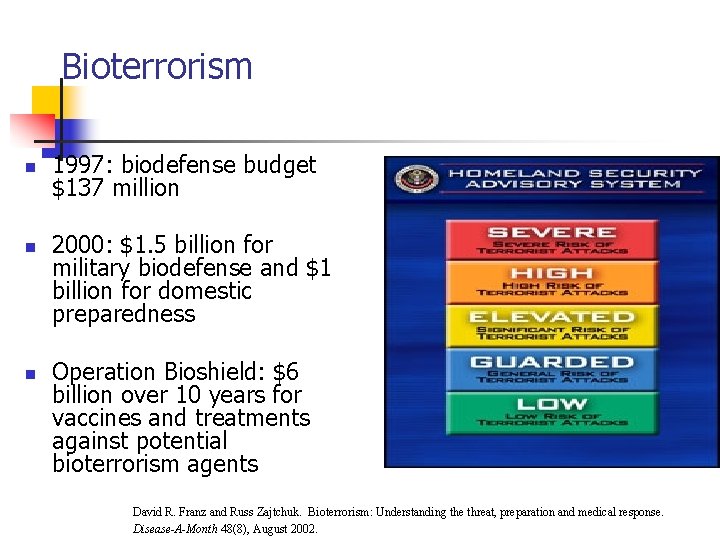 Bioterrorism n n n 1997: biodefense budget $137 million 2000: $1. 5 billion for