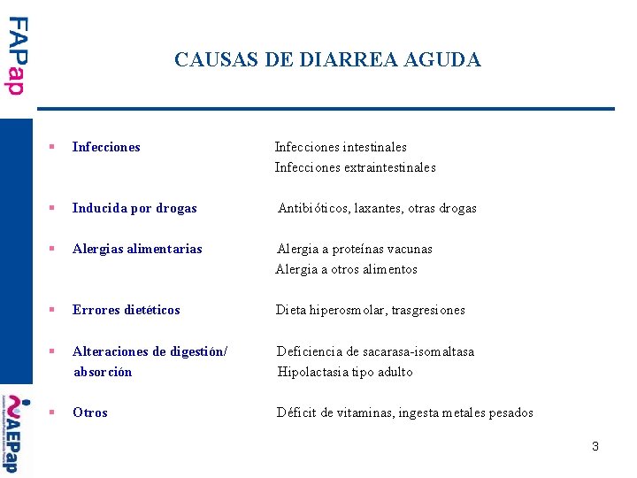 CAUSAS DE DIARREA AGUDA § Infecciones Infecciones intestinales Infecciones extraintestinales § Inducida por drogas