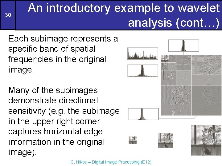 30 An introductory example to wavelet analysis (cont…) Each subimage represents a specific band