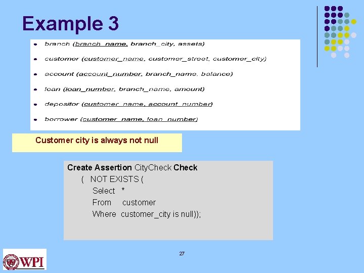 Example 3 Customer city is always not null Create Assertion City. Check ( NOT Example 3 Customer city is always not null Create Assertion City. Check ( NOT