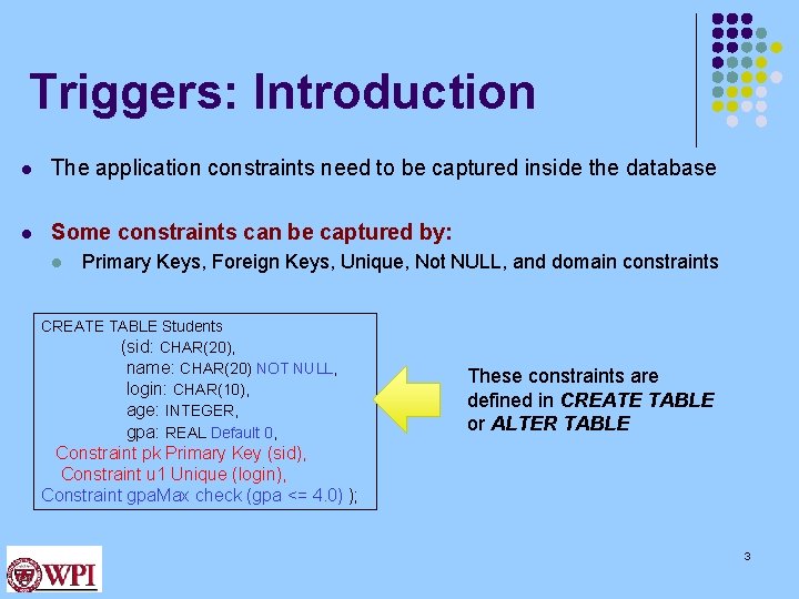 Triggers: Introduction l The application constraints need to be captured inside the database l Triggers: Introduction l The application constraints need to be captured inside the database l