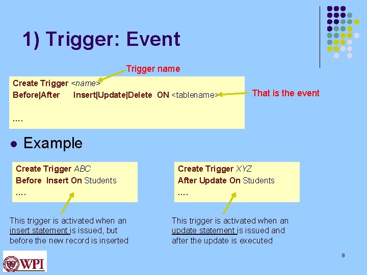 1) Trigger: Event Trigger name Create Trigger <name> Before|After Insert|Update|Delete ON <tablename> That is 1) Trigger: Event Trigger name Create Trigger <name> Before|After Insert|Update|Delete ON <tablename> That is
