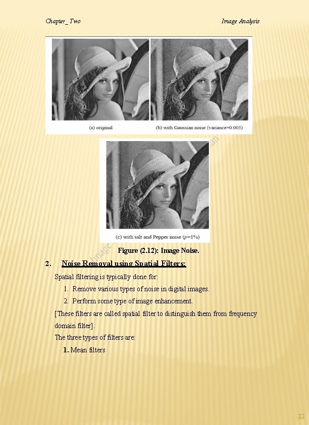 Chapter_ Two Image Analysis Figure (2. 12): Image Noise. 2. Noise Removal using Spatial