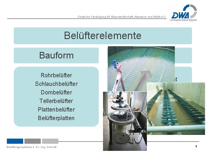 Deutsche Vereinigung für Wasserwirtschaft, Abwasser und Abfall e. V. Belüfterelemente Bauform Material Rohrbelüfter Schlauchbelüfter