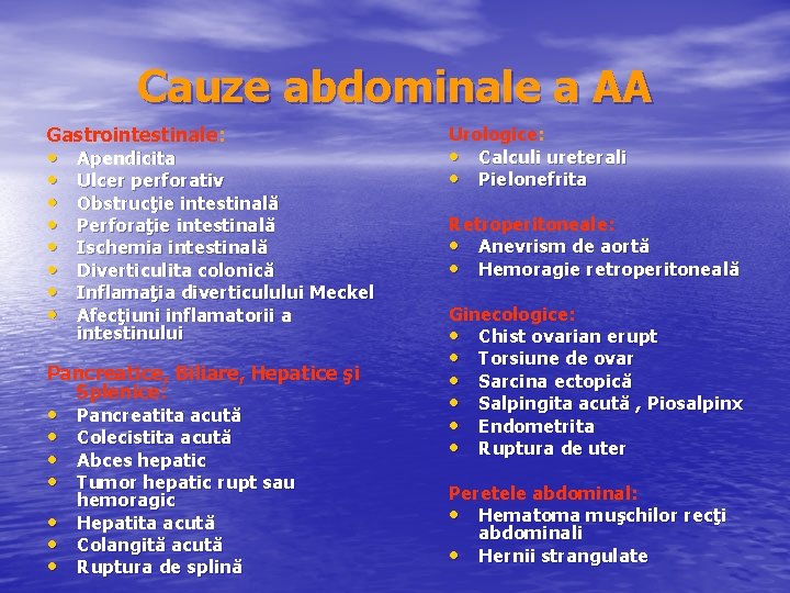 Cauze abdominale a AA Gastrointestinale: • • Apendicita Ulcer perforativ Obstrucţie intestinală Perforaţie intestinală
