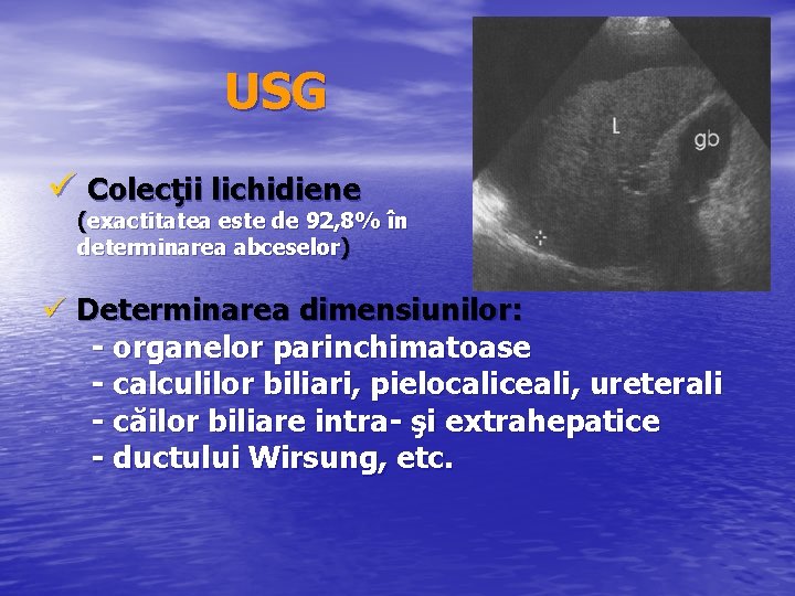 USG ü Colecţii lichidiene (exactitatea este de 92, 8% în determinarea abceselor) ü Determinarea