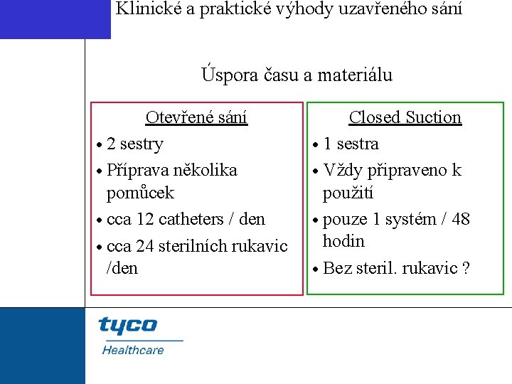 Klinické a praktické výhody uzavřeného sání Úspora času a materiálu Otevřené sání · 2