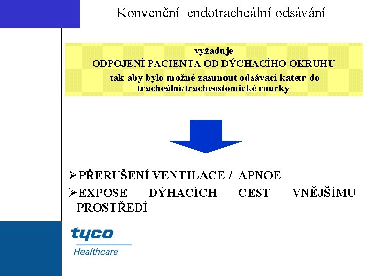 Konvenční endotracheální odsávání vyžaduje ODPOJENÍ PACIENTA OD DÝCHACÍHO OKRUHU tak aby bylo možné zasunout