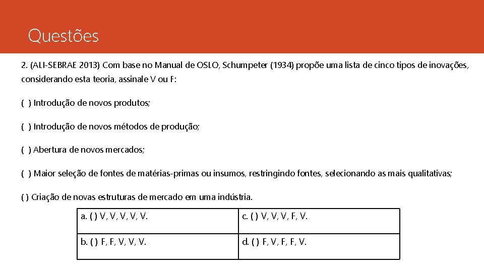 Questões 2. (ALI-SEBRAE 2013) Com base no Manual de OSLO, Schumpeter (1934) propõe uma