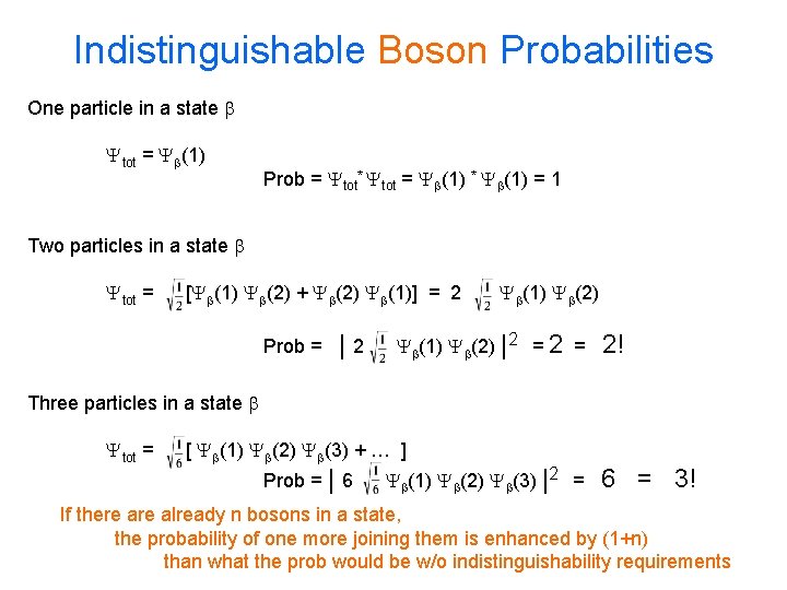 Indistinguishable Boson Probabilities One particle in a state b Ytot = Yb(1) Prob =