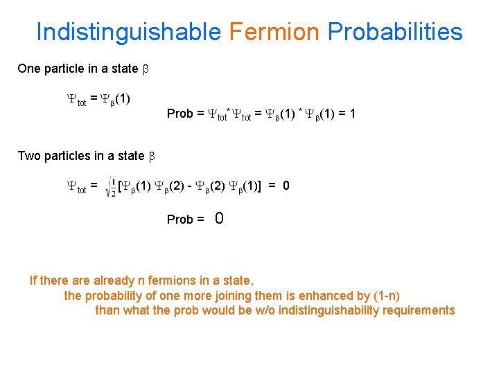 Indistinguishable Fermion Probabilities One particle in a state b Ytot = Yb(1) Prob =