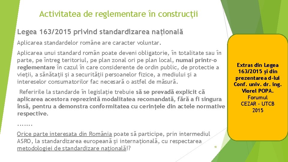 Activitatea de reglementare în construcții Legea 163/2015 privind standardizarea națională Aplicarea standardelor române are