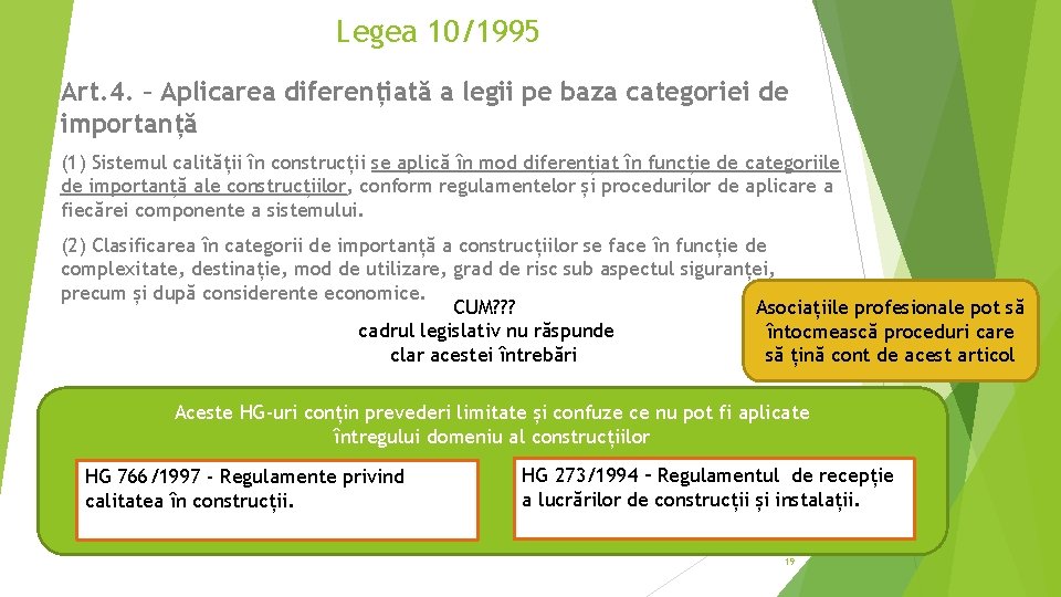 Legea 10/1995 Art. 4. – Aplicarea diferențiată a legii pe baza categoriei de importanță