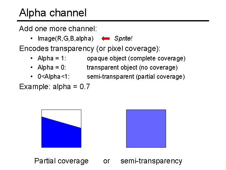 Alpha channel Add one more channel: • Image(R, G, B, alpha) Sprite! Encodes transparency