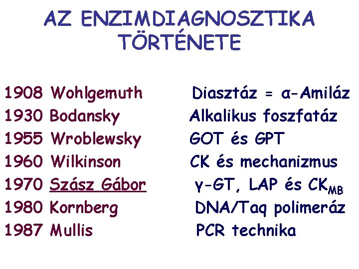 AZ ENZIMDIAGNOSZTIKA TÖRTÉNETE 1908 1930 1955 1960 1970 1987 Wohlgemuth Bodansky Wroblewsky Wilkinson Szász