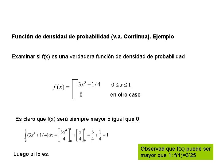 Función de densidad de probabilidad (v. a. Continua). Ejemplo Examinar si f(x) es una