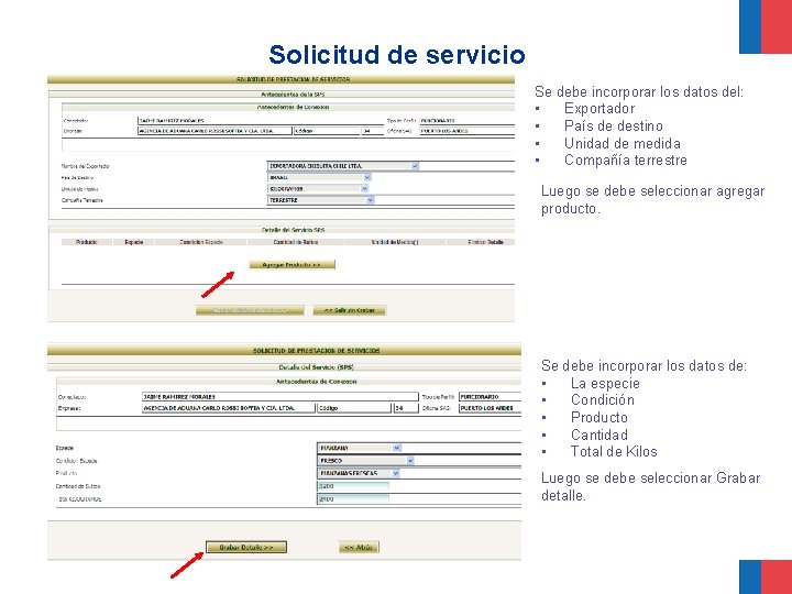 Solicitud de servicio Se debe incorporar los datos del: • Exportador • País de