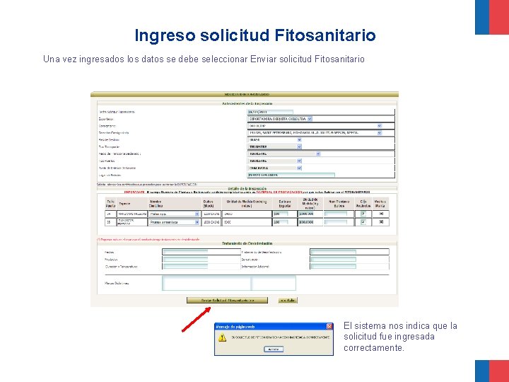 Ingreso solicitud Fitosanitario Una vez ingresados los datos se debe seleccionar Enviar solicitud Fitosanitario