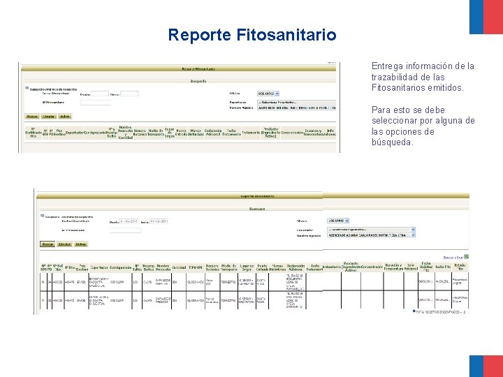 Reporte Fitosanitario Entrega información de la trazabilidad de las Fitosanitarios emitidos. Para esto se