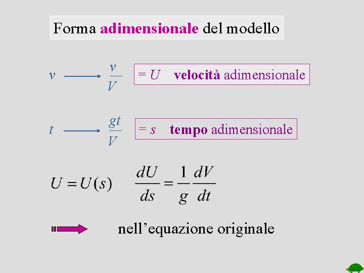 Forma adimensionale del modello v t v V gt V =U velocità adimensionale =s